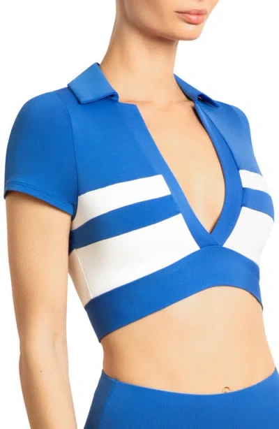 Robin Piccone Babe Stripe Short Sleeve Bikini Top In Blue