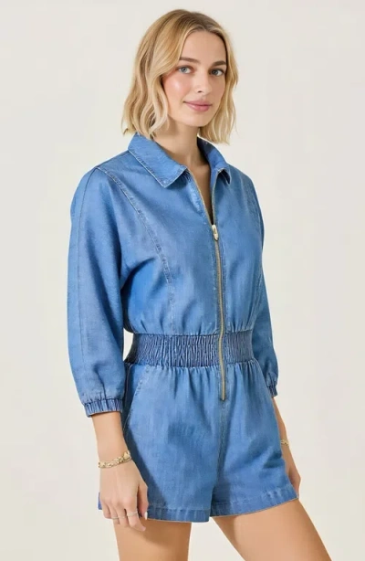 Modenaire Zip Front Romper With Smocked Waist And 3/4 Sleeves