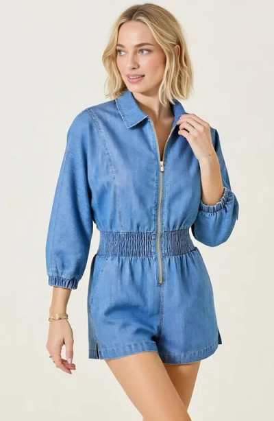 Modenaire Zip Front Romper With Smocked Waist And 3/4 Sleeves