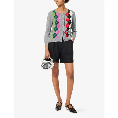 Ganni Argyle-pattern Logo-embroidered Cardigan In Multi