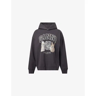 Ganni Oversize Cotton Sweatshirt With Hood And Graphic Print
