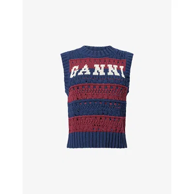 Ganni Striped Openwork Vest With Logo Inlay In Multi