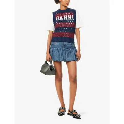 Ganni Striped Openwork Vest With Logo Inlay In Multi