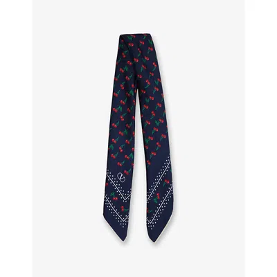 Valentino Cherry Print Polka Dot Border Scarf In Blue