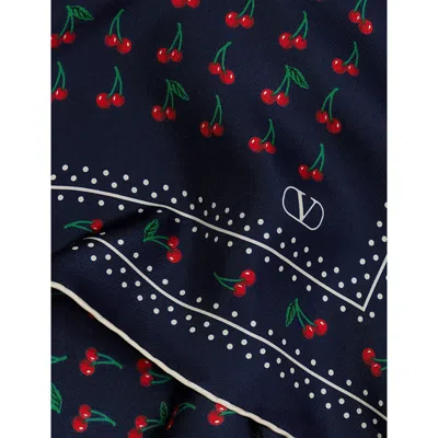 Valentino Cherry Print Polka Dot Border Scarf In Blue