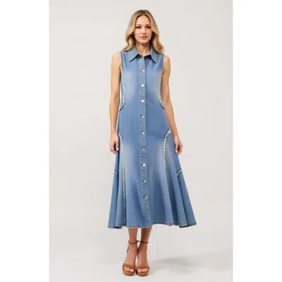 Modenaire Sleeveless Denim Midi Dress With Frayed Seams And Button Front