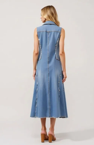 Modenaire Sleeveless Denim Midi Dress With Frayed Seams And Button Front