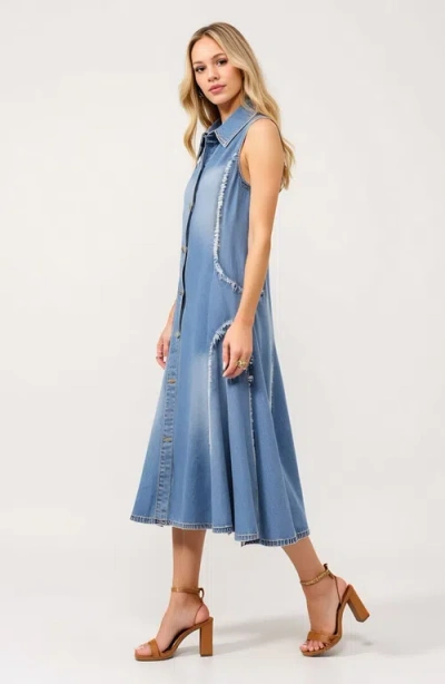 Modenaire Sleeveless Denim Midi Dress With Frayed Seams And Button Front
