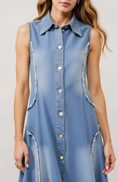 Modenaire Sleeveless Denim Midi Dress With Frayed Seams And Button Front
