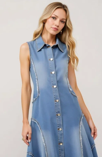 Modenaire Sleeveless Denim Midi Dress With Frayed Seams And Button Front