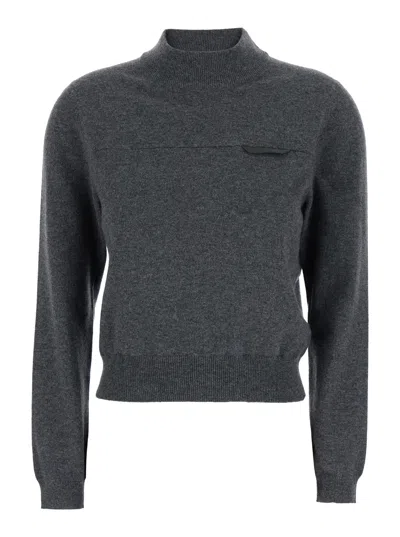 Brunello Cucinelli Grey Sweater With Mock Neck And Monil Detail On The Front