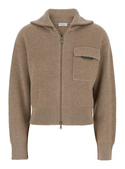 Brunello Cucinelli Cropped Cardigan With Shiny Flap Detail In Brown