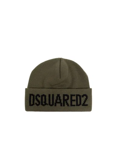 Dsquared2 Knitted Green Hat With Bold Black Lettering