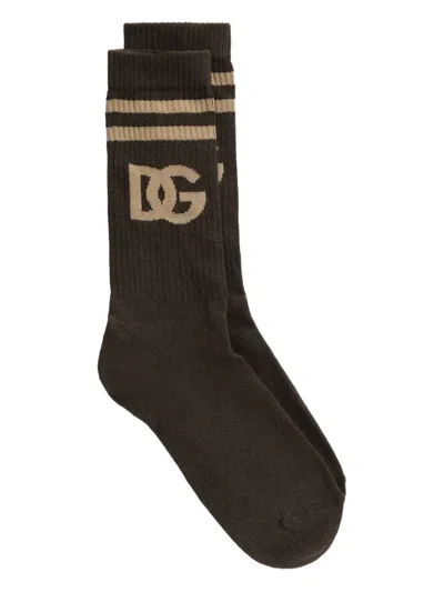 Dolce & Gabbana Intarsia-knit Logo Socks In Brown