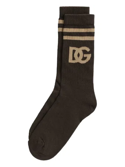 Dolce & Gabbana Intarsia-knit Logo Socks In Brown