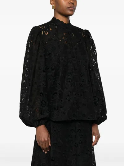 Zimmermann Rhiannon Guipure Lace Trim Cotton Shirt In Black