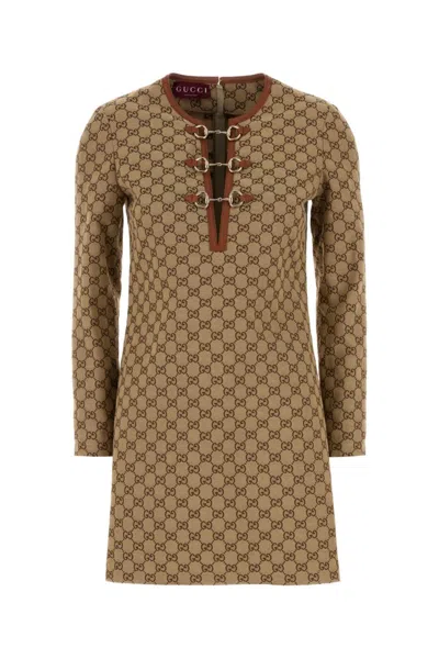 Gucci Cotton Blend Dress With All-over Gg Print In Brown
