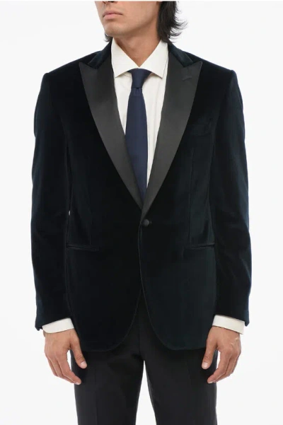 Corneliani Velvet Single-breasted Leader Blazer With Satin Peak Lapel In Blue