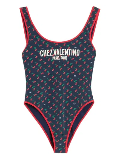 Valentino Garavani Lycra Swimsuit With Cherryfic Print In Blue