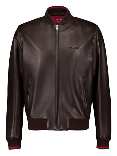 Gucci Men Dark Brown Leather Bomber Jacket