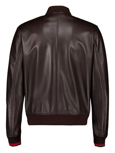 Gucci Men Dark Brown Leather Bomber Jacket