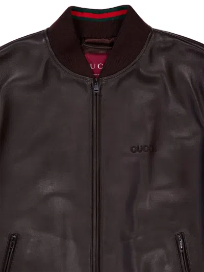 Gucci Men Dark Brown Leather Bomber Jacket