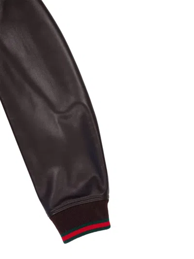 Gucci Men Dark Brown Leather Bomber Jacket