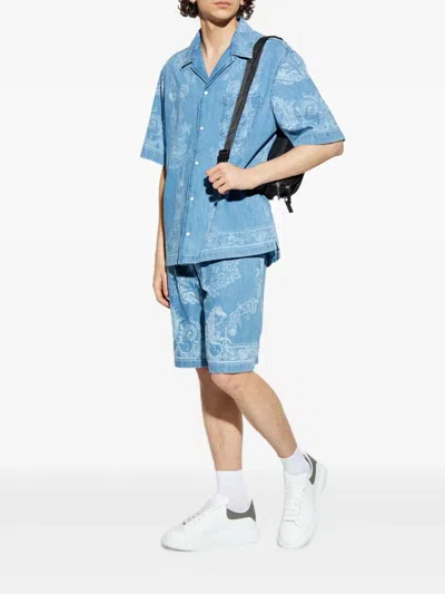 Versace Laser Denim Holiday Print Shirt In Blue