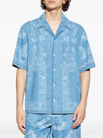 Versace Laser Denim Holiday Print Shirt In Blue