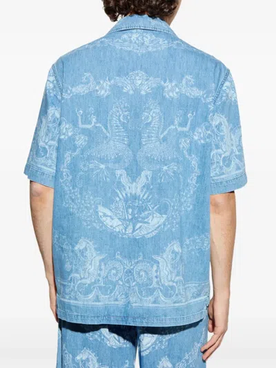 Versace Laser Denim Holiday Print Shirt In Blue