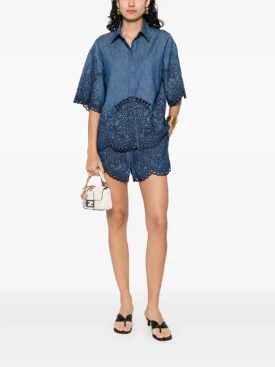 Zimmermann Denim Shirt With Floral Embroidery And Collared Neck In Blue