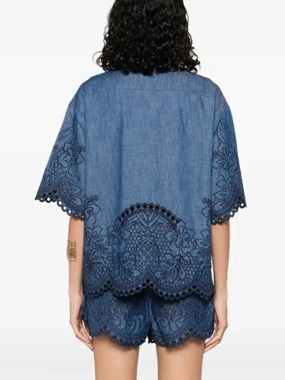 Zimmermann Denim Shirt With Floral Embroidery And Collared Neck In Blue