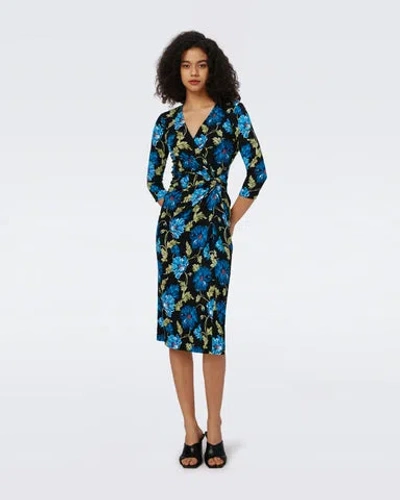 Diane Von Furstenberg Multicolor Floral Wrap Midi Dress With Elegant V-neckline In Blue