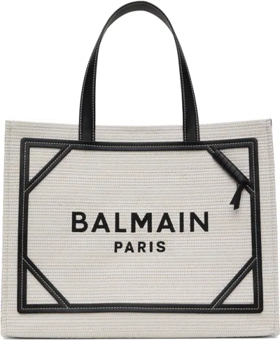Balmain Gray & Black Medium Raffia B-army Tote
