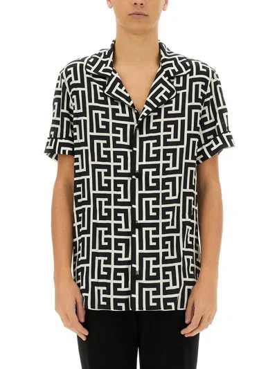 Balmain Monogram Printed Short-sleeved Shirt In Black