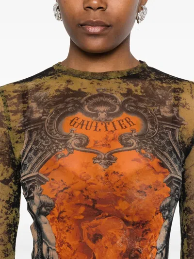 Jean Paul Gaultier Mesh Crew Neck Catsuit Printed Medaillon In Green