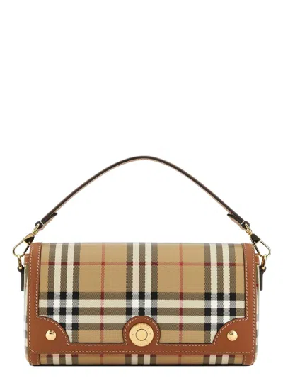 Burberry Canvas And Leather Note Handbag With Check Pattern In Brown