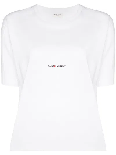 Saint Laurent Basic White T-shirt With Miiddle Logo Print In Cotton Woman