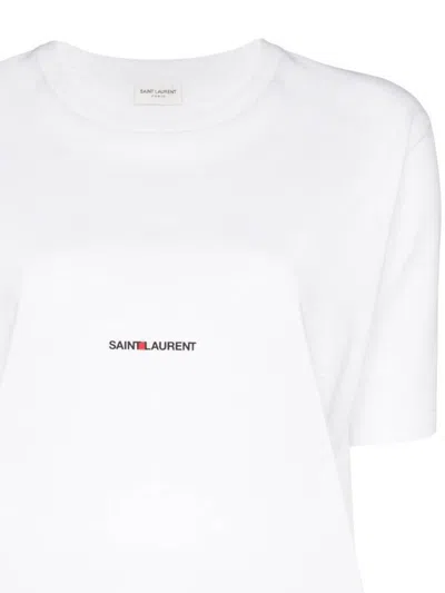 Saint Laurent Basic White T-shirt With Miiddle Logo Print In Cotton Woman