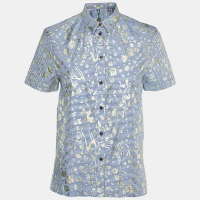 Pre-owned Kenzo Blue/white Metallic Print Cotton Short Sleeve Shirt S