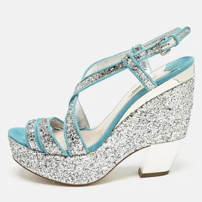 Pre-owned Miu Miu Blue/silver Glitter And Suede Platform Sandals Size 41