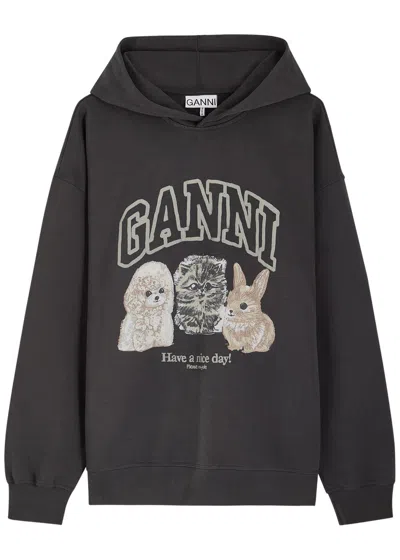 Ganni Oversize Cotton Sweatshirt With Hood And Graphic Print