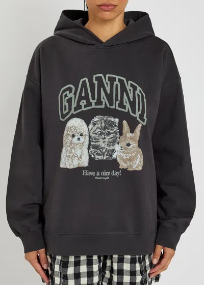 Ganni Oversize Cotton Sweatshirt With Hood And Graphic Print