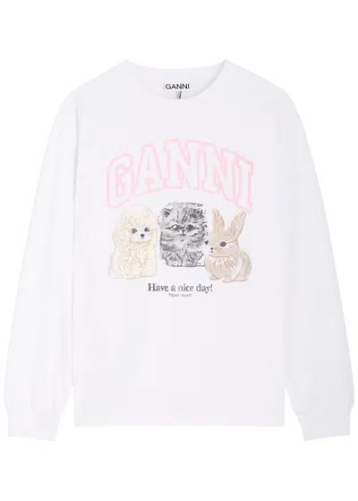 Ganni Oversized Printed Organic And Recycled Cotton-jersey Sweatshirt In White
