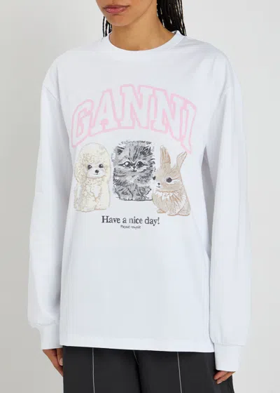 Ganni Oversized Printed Organic And Recycled Cotton-jersey Sweatshirt In White