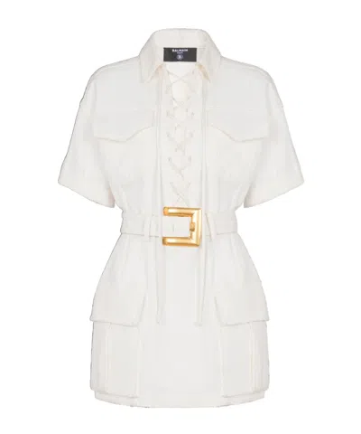 Balmain Cotton Gabardine Short Dress In White
