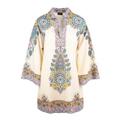 Etro Ivory Cotton Kaftan Dress With Multicolored Paisley Pattern
