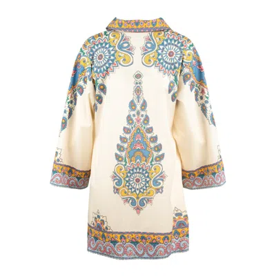 Etro Ivory Cotton Kaftan Dress With Multicolored Paisley Pattern