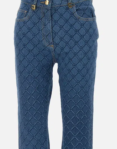Elisabetta Franchi Slim Fit Trousers With Laser Lozenge Print In Blue
