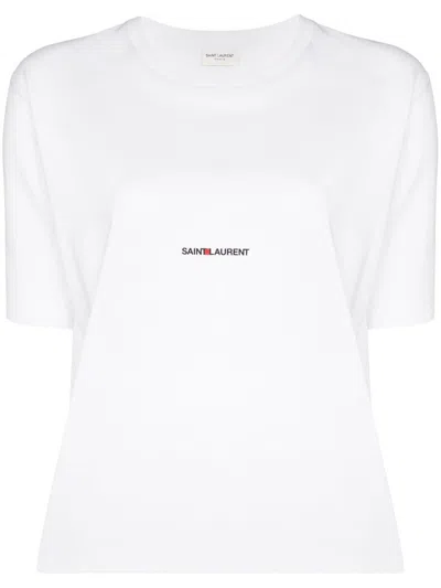 Saint Laurent Basic White T-shirt With Miiddle Logo Print In Cotton Woman